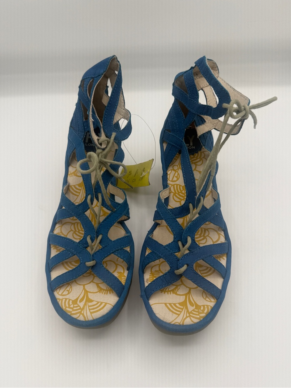 FLY London Yuke Wedge casual Sandals Womens 7.5 8 38 blue suede Leather Shoes
